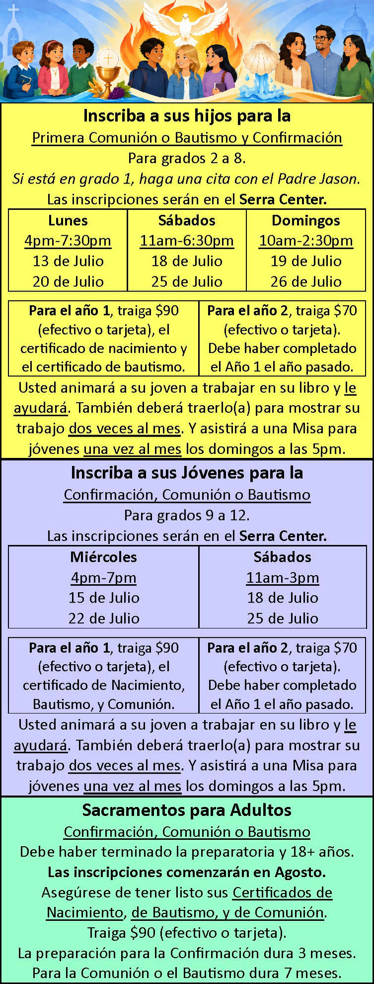 Spanish registration announcement for children, youth, and adults